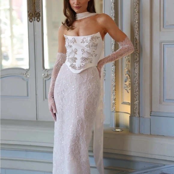 Rosie Etienne Dresses & Skirts - Strapless White Lace Dress with Embellishments
